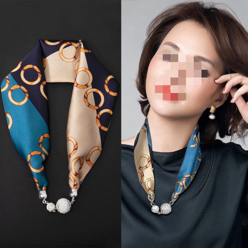 Magnetic Buckle Silk Scarf with Pearl Necklace - Women's Fashion Accessory