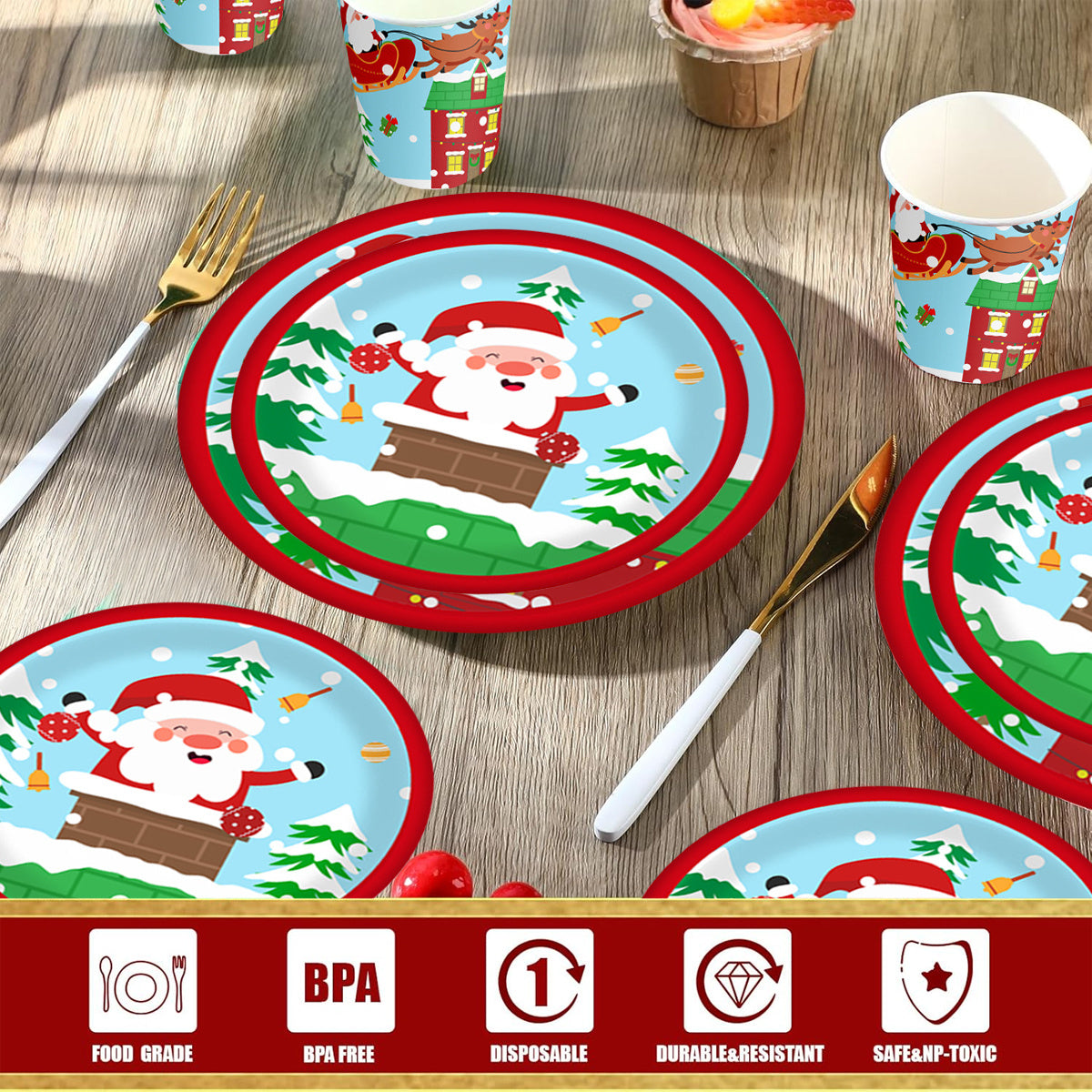 Christmas Paper Plates And Cups Set Decorations For 10 Guests Santa Claus Elk Pattern Plates And Cups For Winter Holiday Christmas Party Decorations