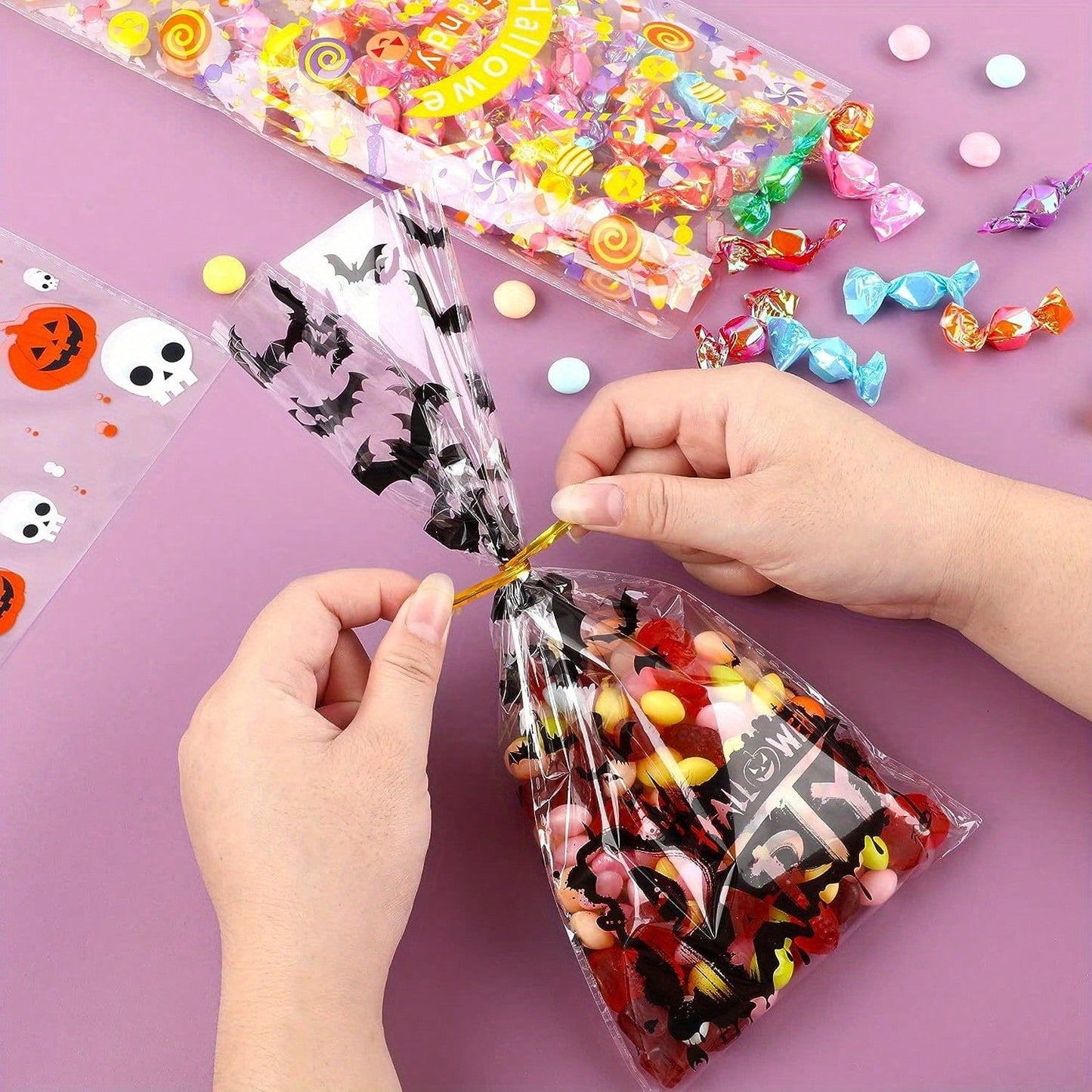 Halloween Gift Wrapping Bags - 200 Pcs Cellophane Treat Bags with Twist Ties