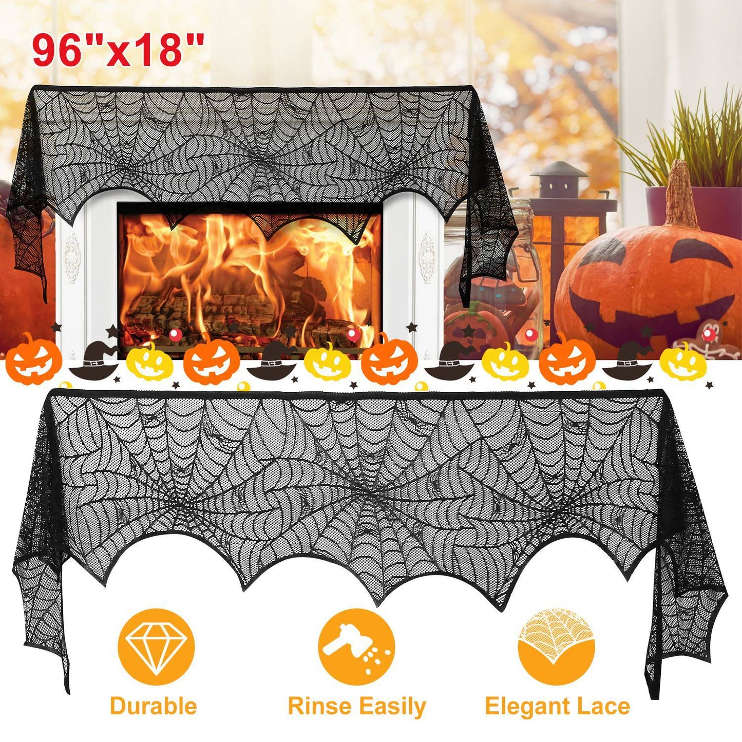 Halloween Black Lace Spiderweb Fireplace Mantle Scarf - 96 x 18 Inch