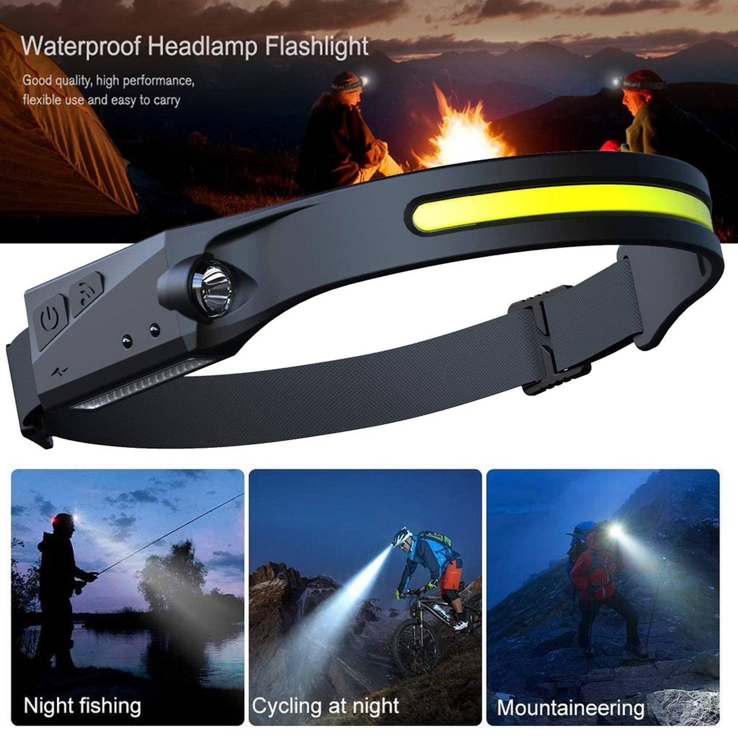 COB LED Rechargeable Headlamp - 350 Lumens Wave Sensor Waterproof Headlight for Camping & Outdoor