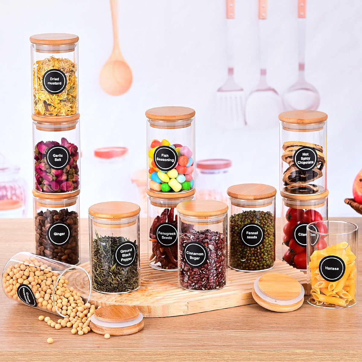 Round Glass Storage Jars - 12 Piece Set with Bamboo Lids & Stickers