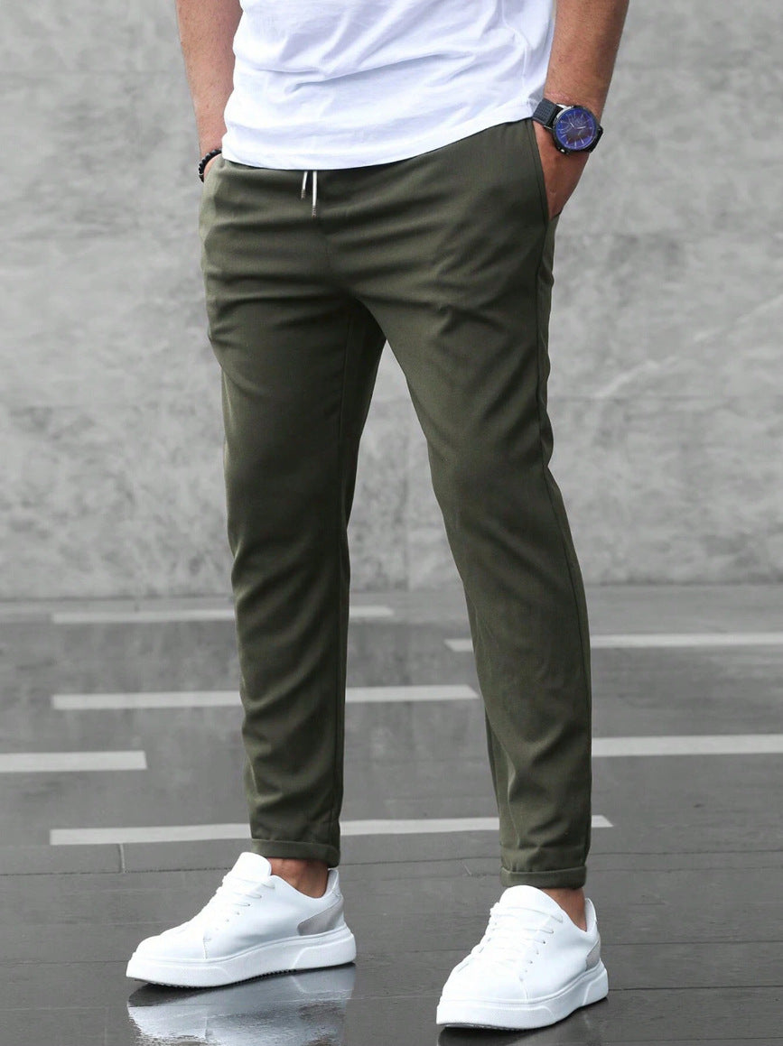 Men's Casual Drawstring Pants with Pockets - Slim Fit Straight Leg Trousers