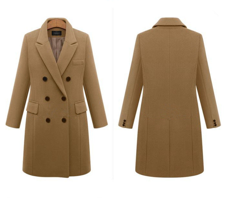 Women's Double-Breasted Woolen Coat - Long Winter Outerwear