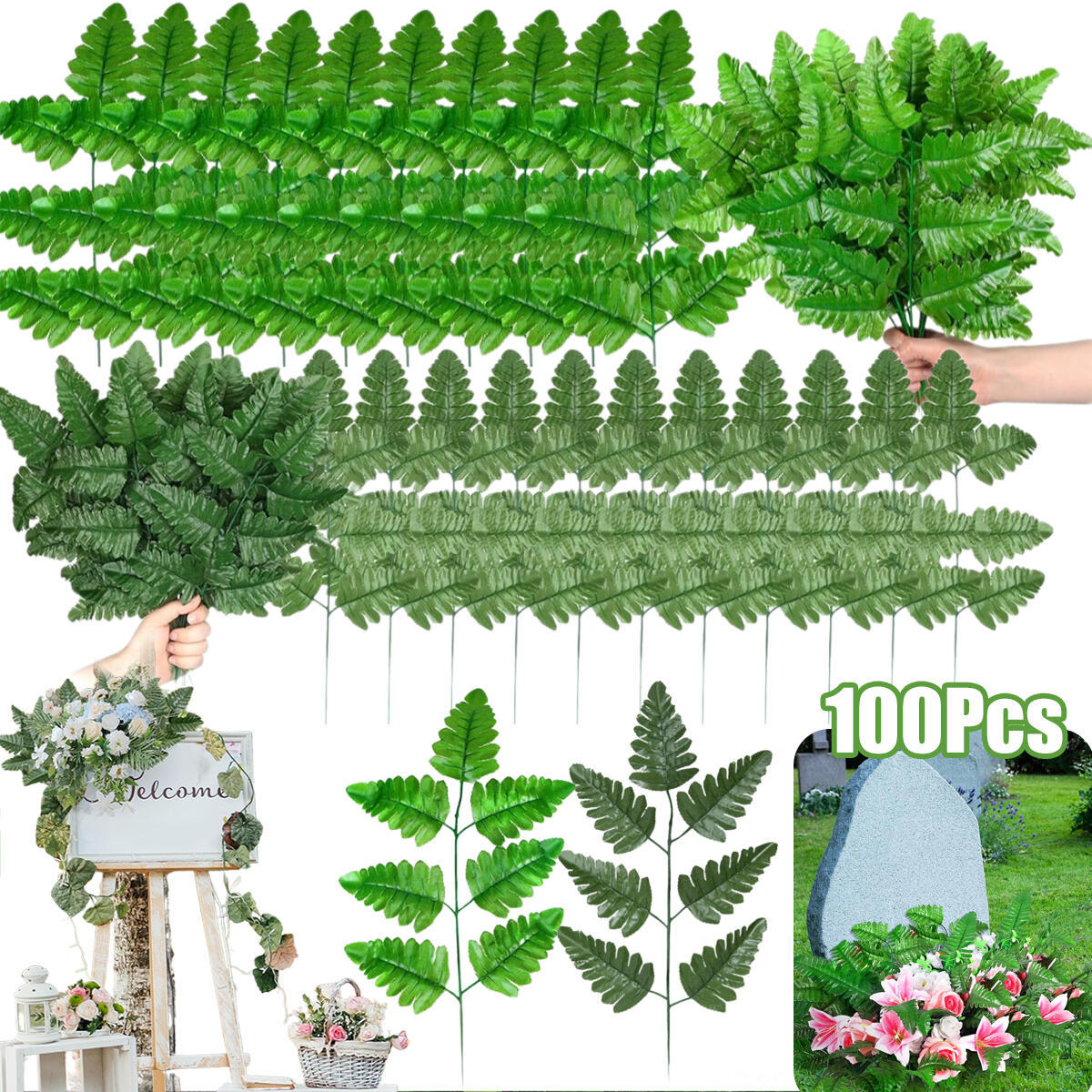 Artificial Fern Leaves Stem Green Cemetery Leaf Picks Wedding Flower Arrangements