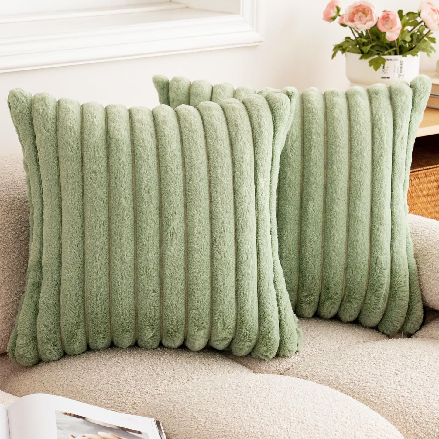 Rabbit Fur Solid Color Vertical Bar Plush Square Cushion Cover