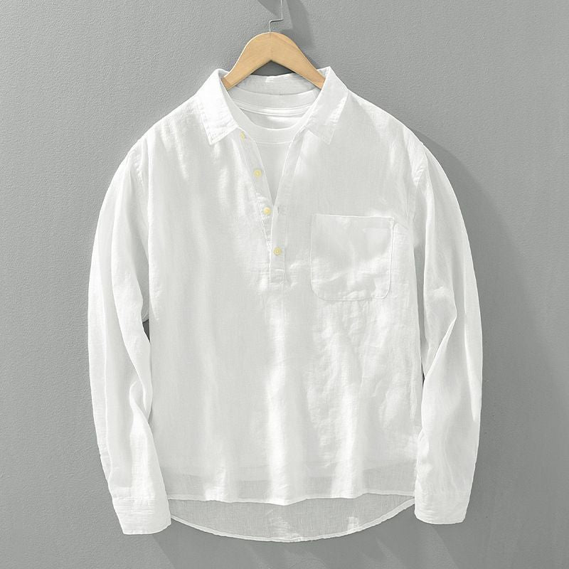 Retro Linen Shirt Men's Loose Fit - Long Sleeve Square Collar Vintage Style