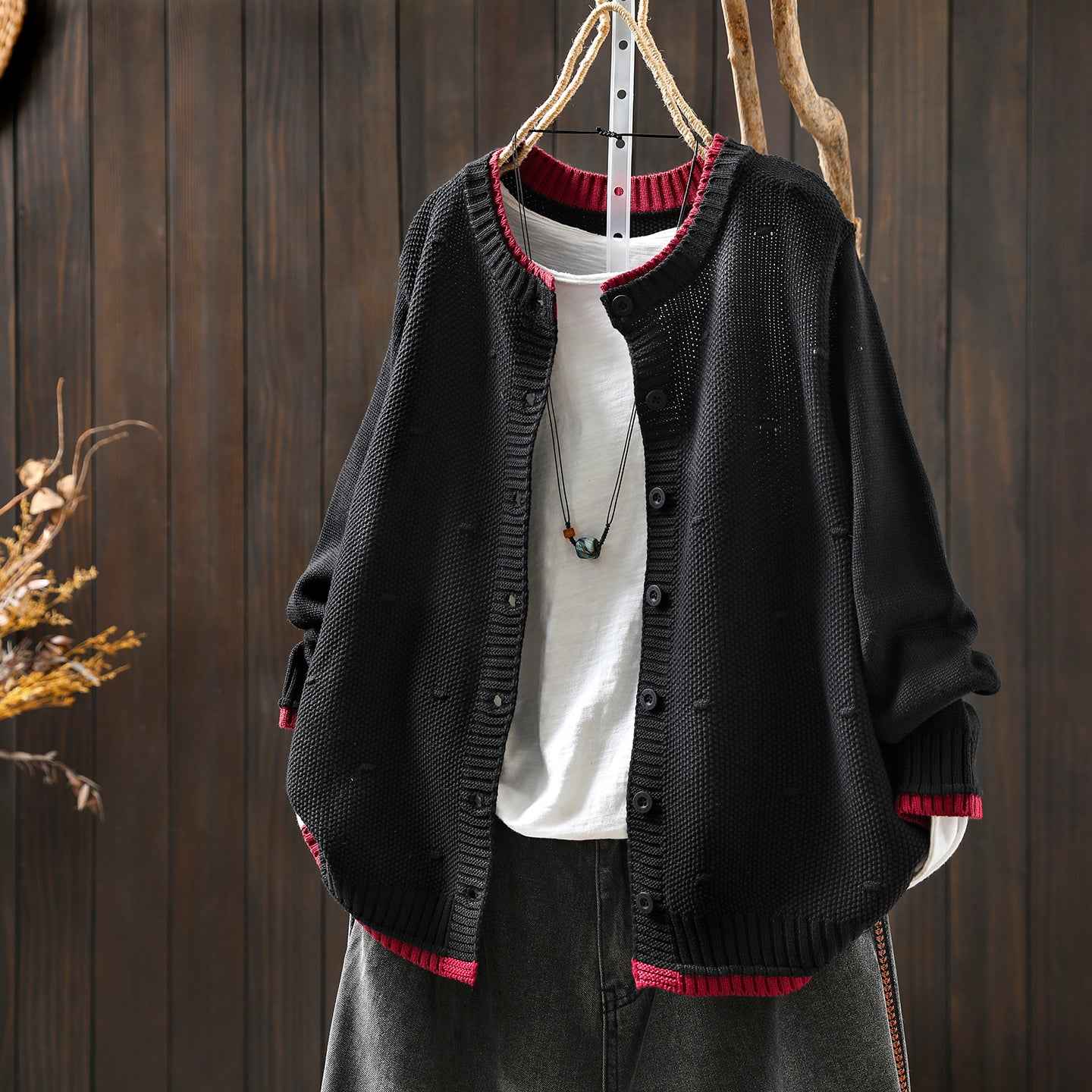 Women's Cardigan Sweater Coat Color Block Cotton Thread Knitting Retro Casual