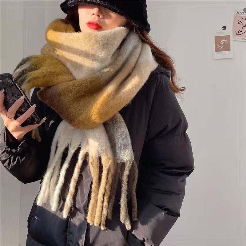 Women's Plaid Tassel Scarf - Rainbow Color-Blocking Shawl