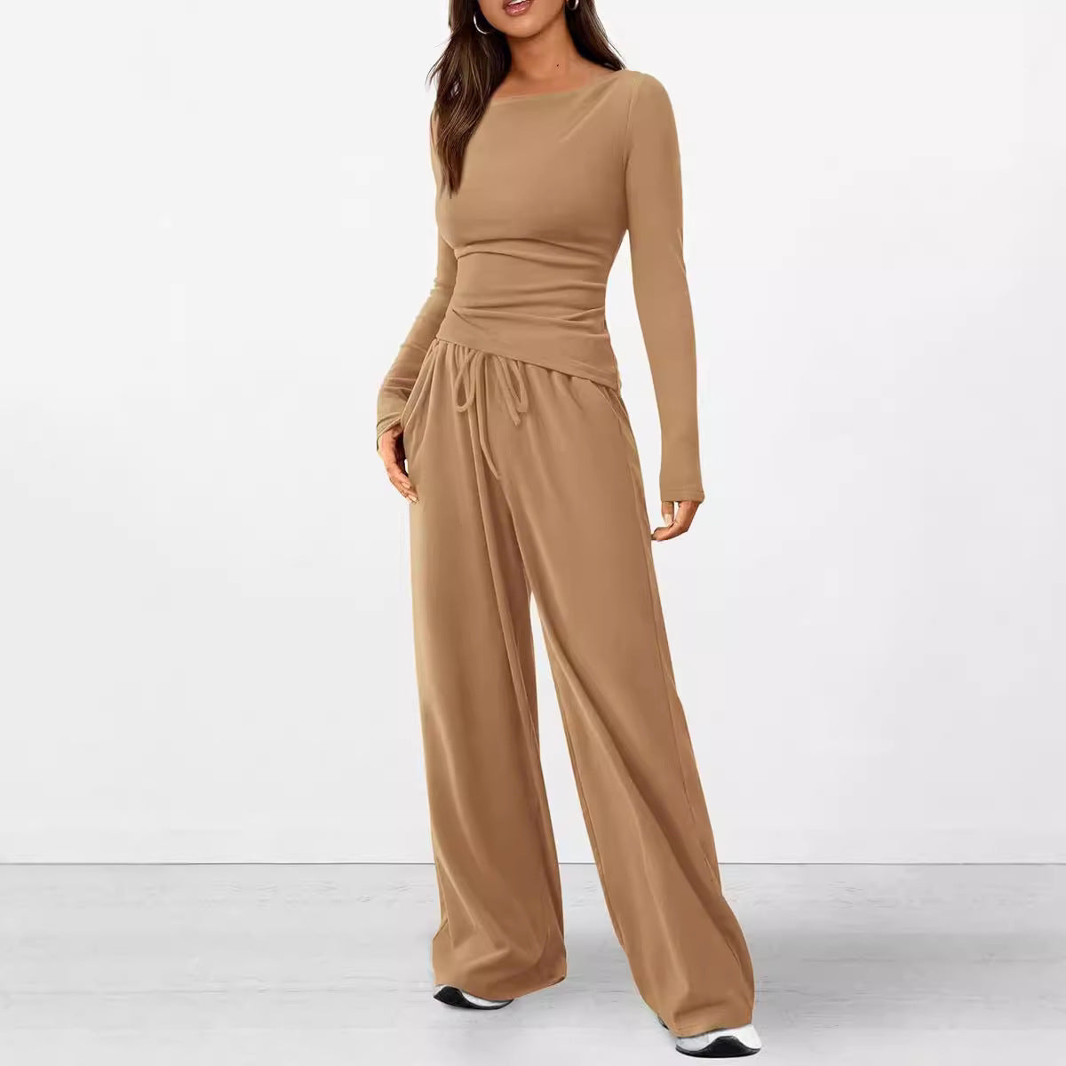 Women's Asymmetric Casual Set - Long Sleeve Top & Wide Leg Pants