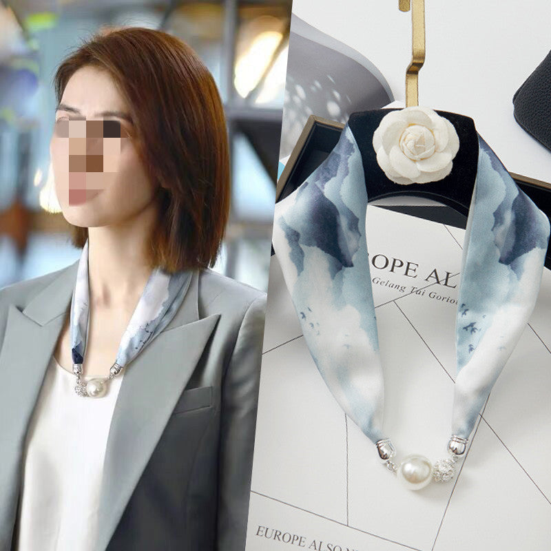 Magnetic Buckle Silk Scarf with Pearl Necklace - Women's Fashion Accessory
