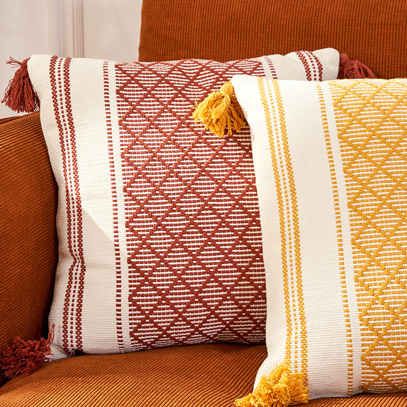 Geometric Woven Jacquard Tassel Cushion Cover