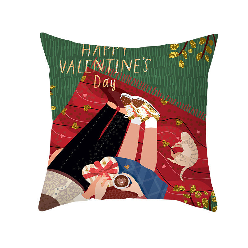 Valentine's Day Peach Skin Printed Cushion Cover - Romantic Living Room Bedroom Decoration