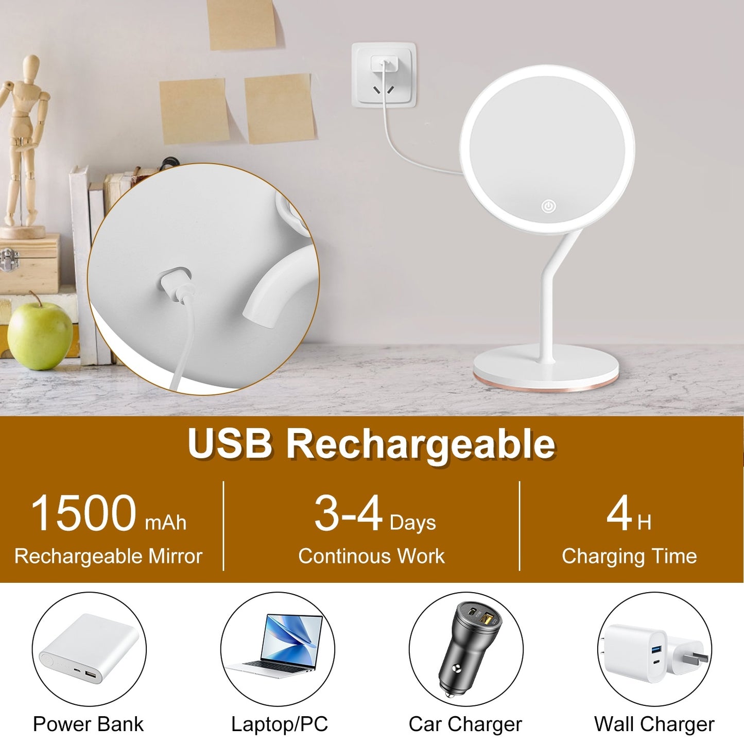 1Pc 7.48In 5X Magnifying Lighted Makeup Mirror Dimmable Magnification Mirror With Lights Lighted Vanity Mirror With 3 Light Colors