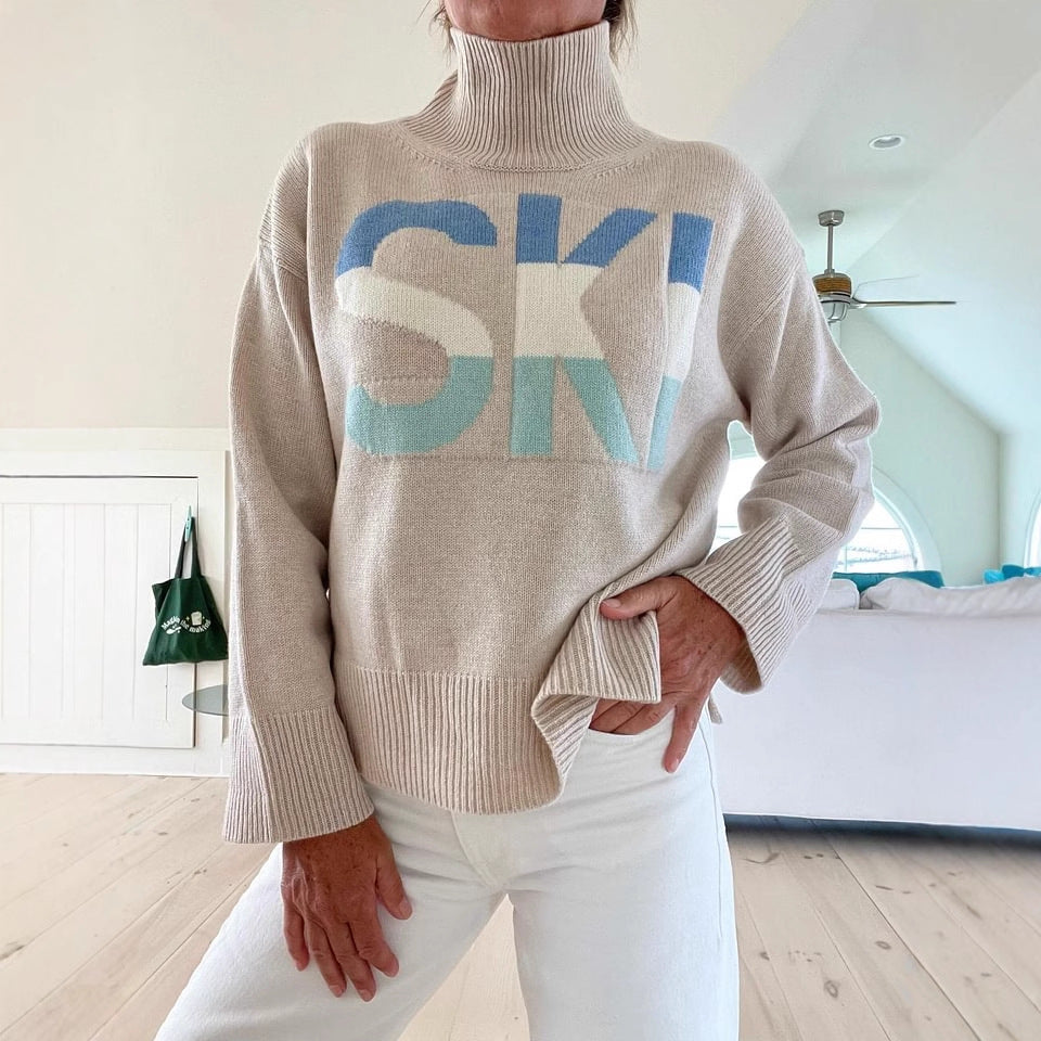 Womens Loose Fit High Neck Letter Sweater