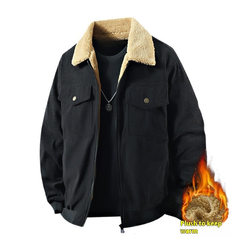 Premium Men's Fleece Corduroy Cotton Coat - Casual Polo Collar Winter Jacket