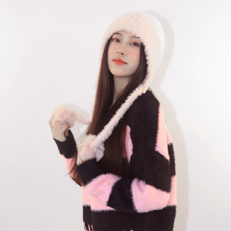Fleece-Lined Thickened Knit Woolen Cap - Warm Ear Protection Hat with Pom-Pom