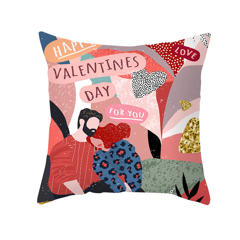 Valentine's Day Peach Skin Printed Cushion Cover - Romantic Living Room Bedroom Decoration