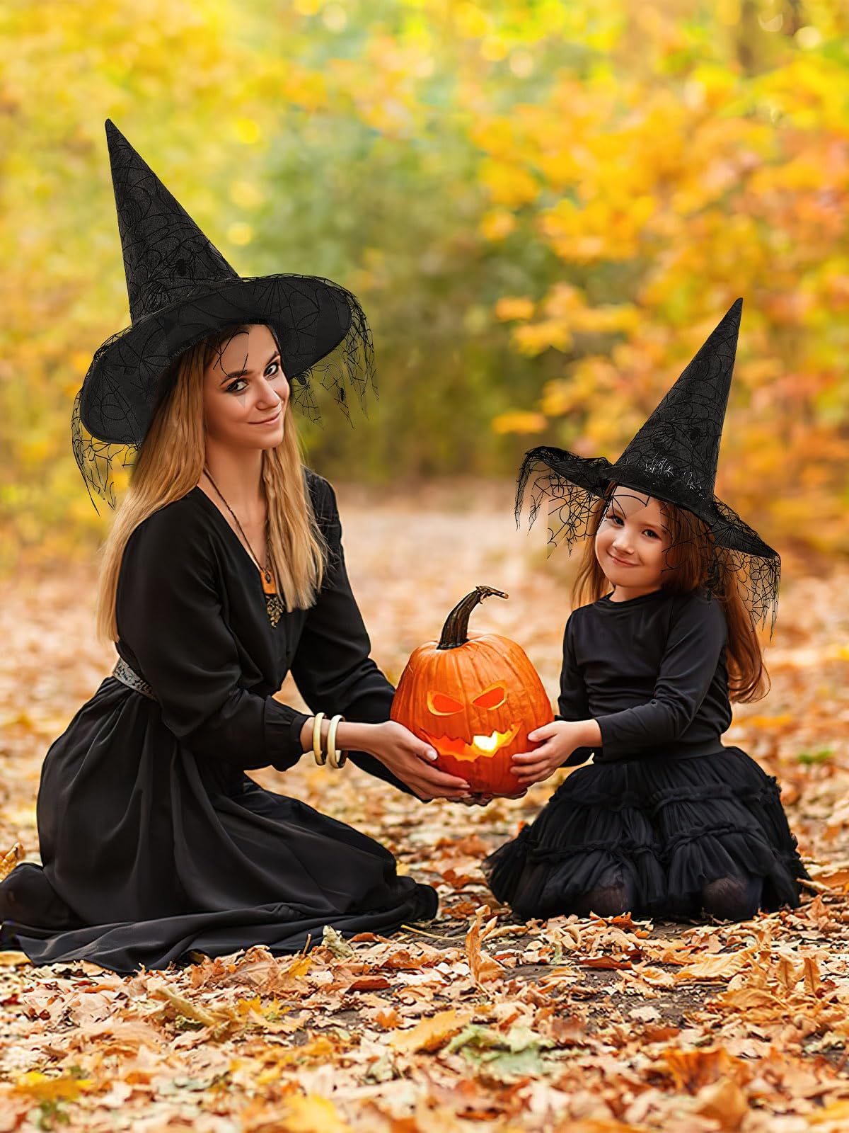 Halloween Witch Hats - 2 Pcs Black Foldable Pointed Caps for Women
