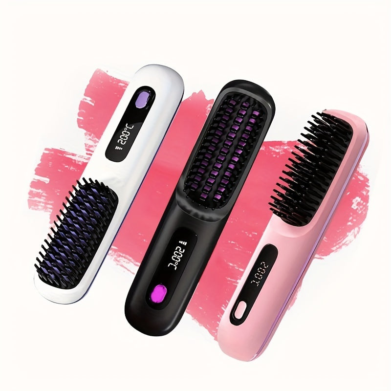 S7 Portable Cordless Hair Straightening Brush With LED Display - Lightweight Mini Negative Ion Hot Brush, USB Rechargeable Women's Travel Essentials Gift, Scald Protection