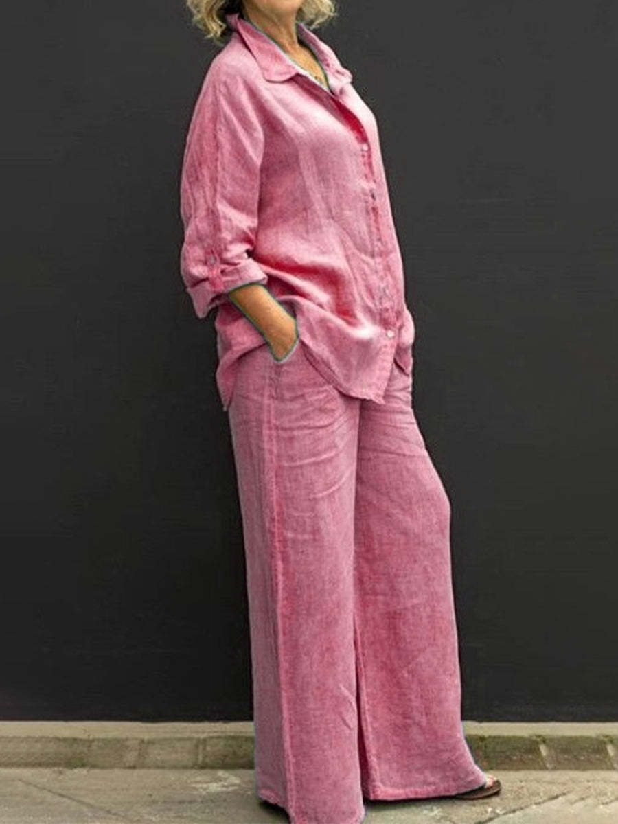 Women's Casual Urban Shirt Set - Long Sleeve Top and Trousers Outfit