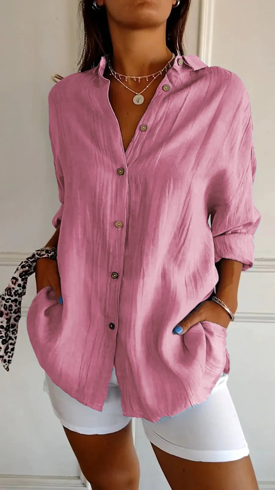 Women's Lapel Long Sleeve Shirt - Single-Breasted Pleated Button-Up