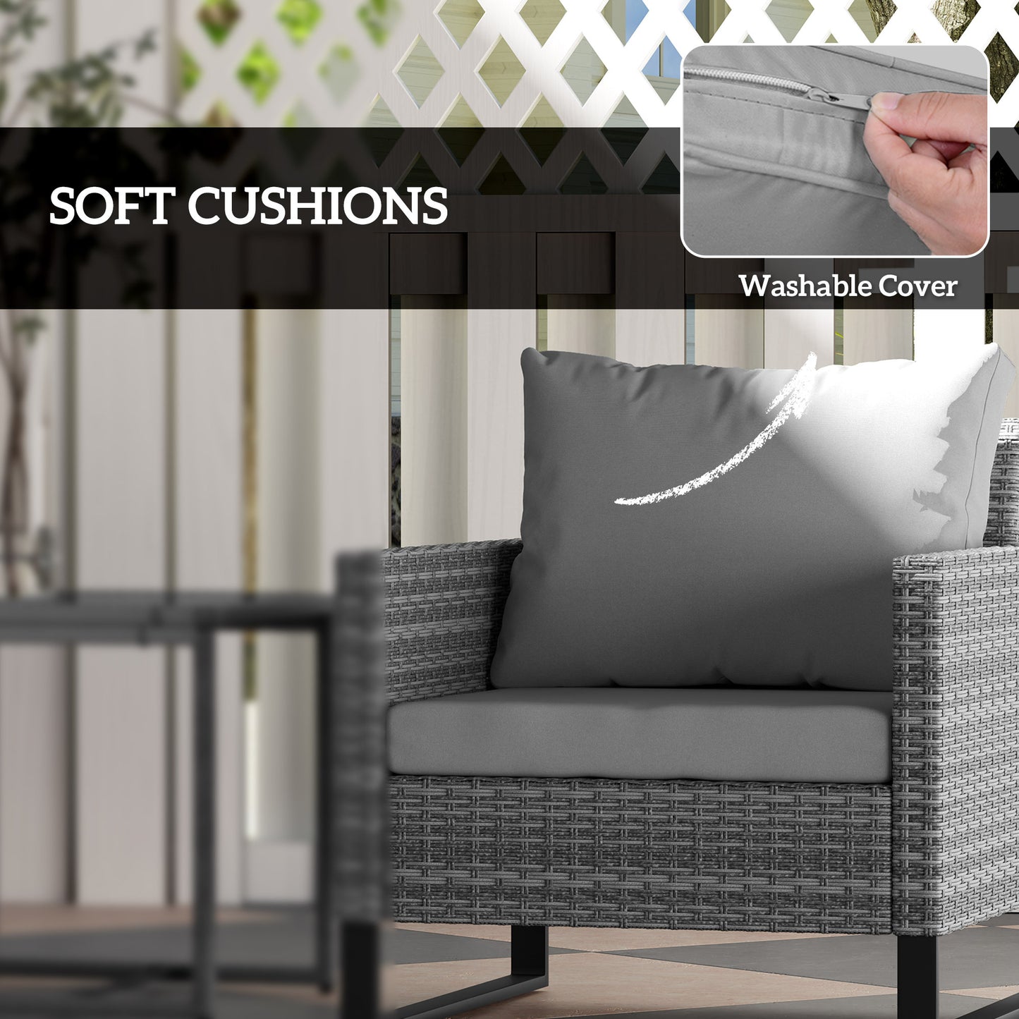 Patio Set, Wicker Bistro Set With Cushions, Rattan Chairs, Glass Coffee Table For Backyard, Porch, Balcony, Gray