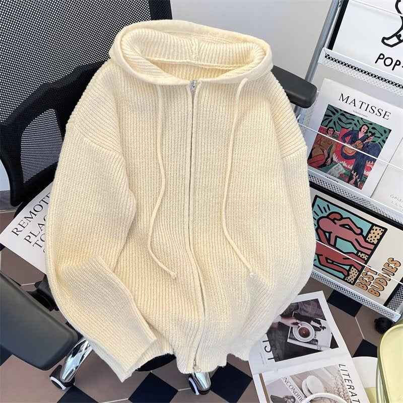 American Retro Simple Solid Color Hooded Sweater Women's Loose
