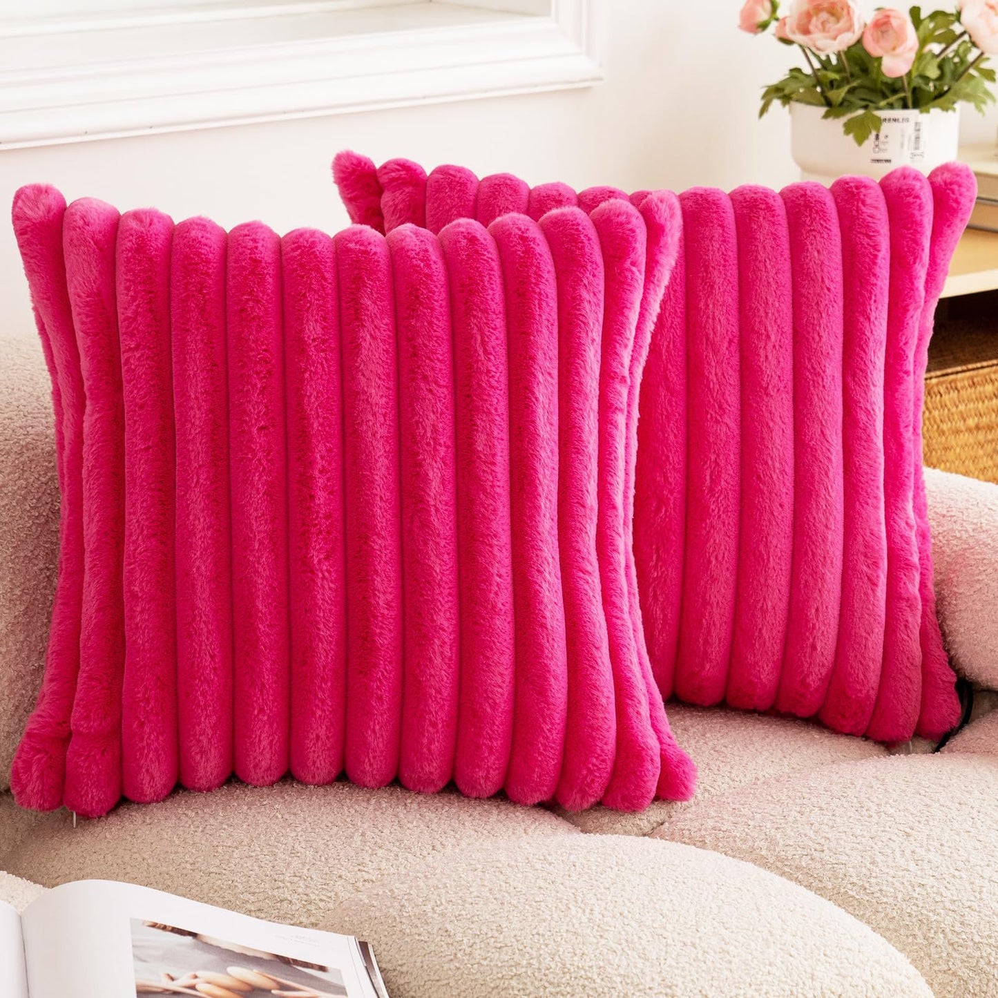 Rabbit Fur Solid Color Vertical Bar Plush Square Cushion Cover