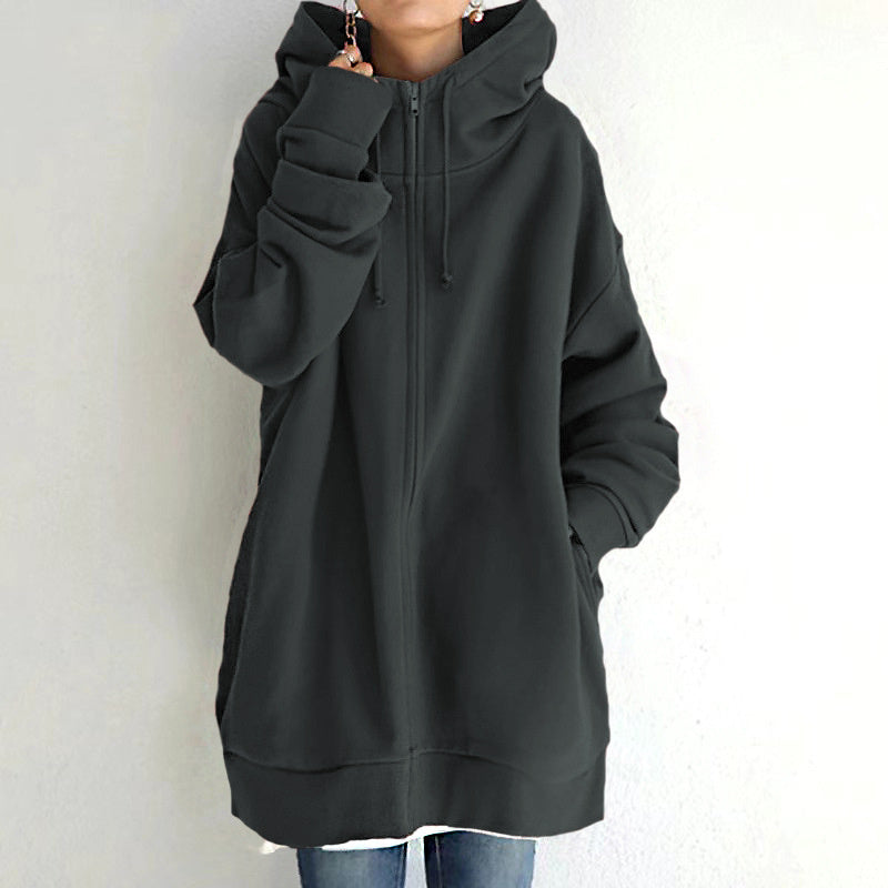 Women's Oversized Hooded Zip-Up Sweatshirt - Velvet-Lined Long Coat