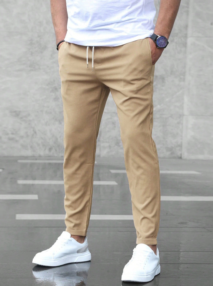 Men's Casual Drawstring Pants with Pockets - Slim Fit Straight Leg Trousers