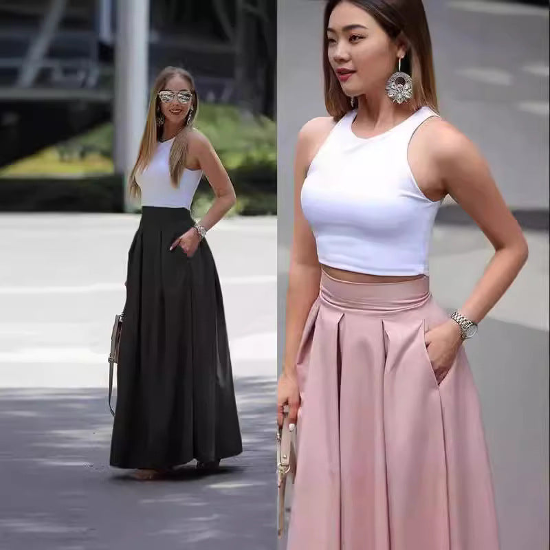 Women's High Waist Pleated Long Skirt - Elegant A-Line Design