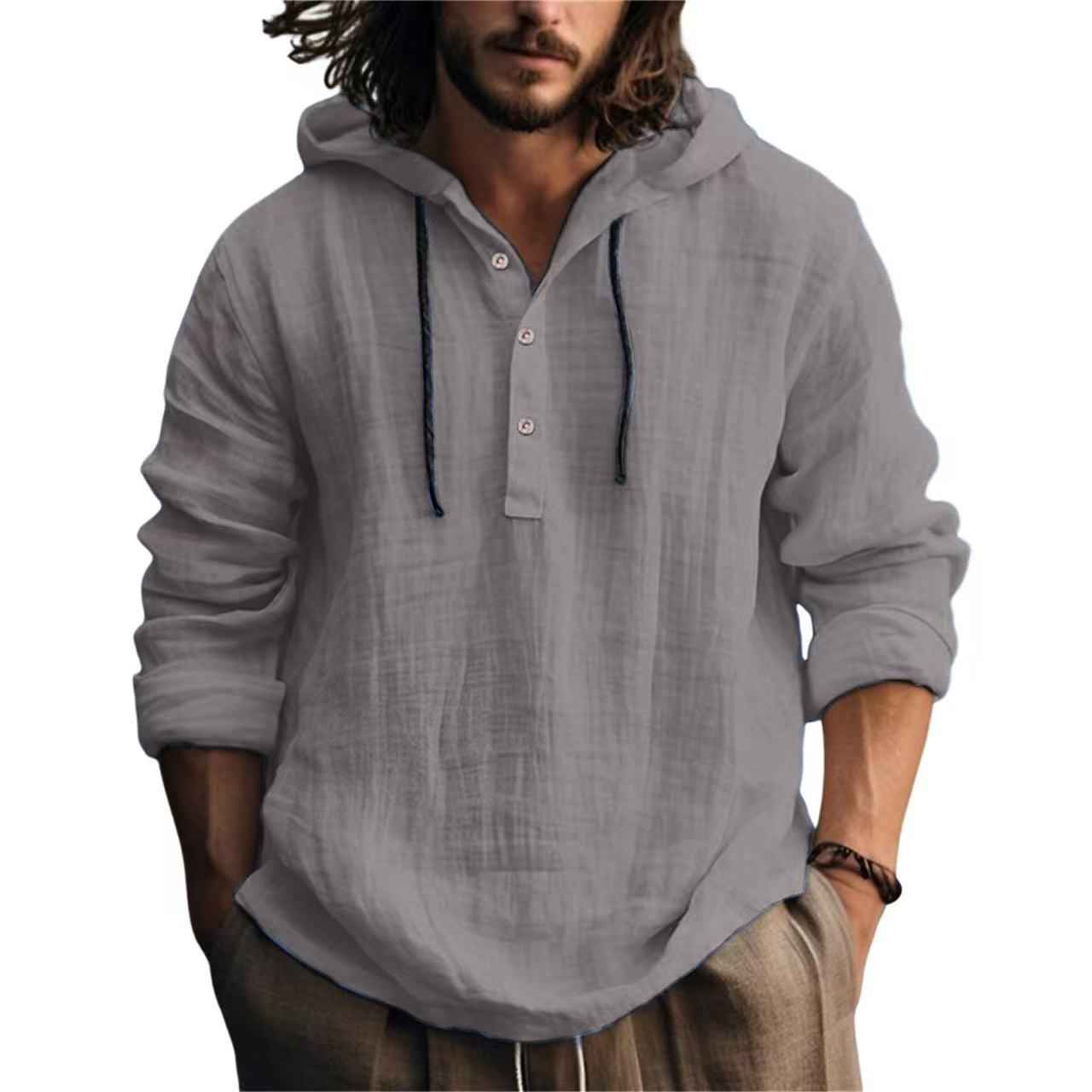 Men's Cotton Linen Hooded Shirt - Long Sleeve Casual Daily Sweater