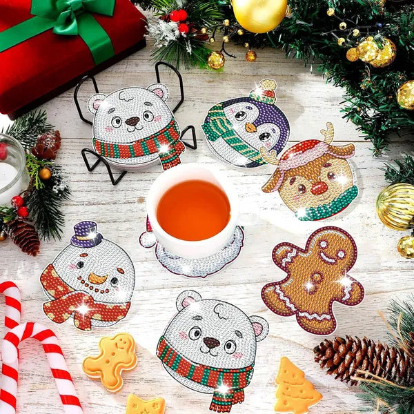 6 Packs Christmas Rhinestone Art Coasters with Holder - 5D DIY Set