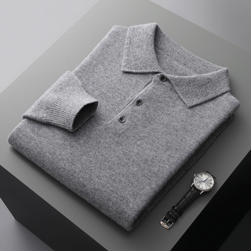 Premium Men's Pure Wool Polo Collar Knit Sweater - Luxury Comfort & Style