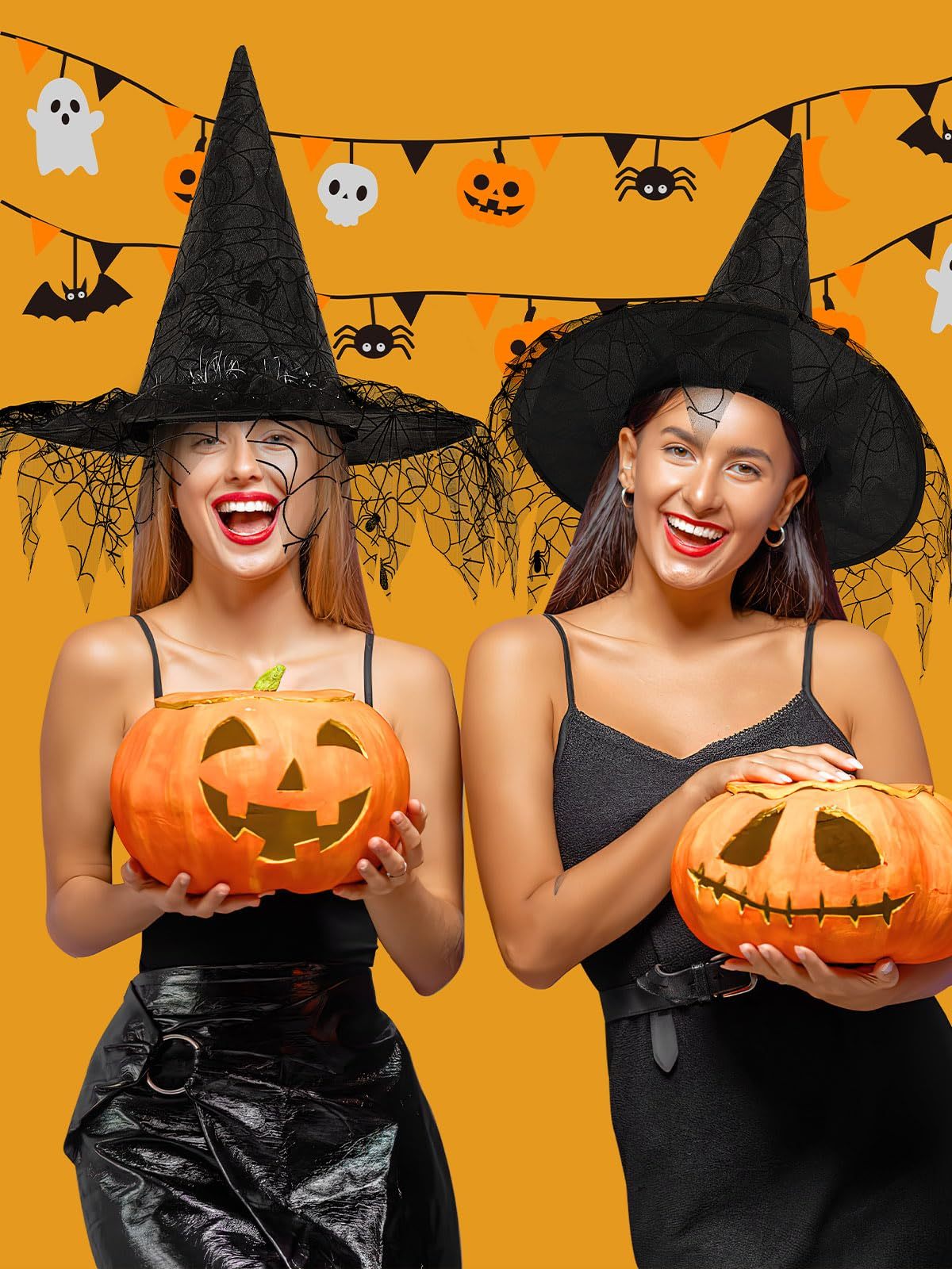 Halloween Witch Hats - 2 Pcs Black Foldable Pointed Caps for Women