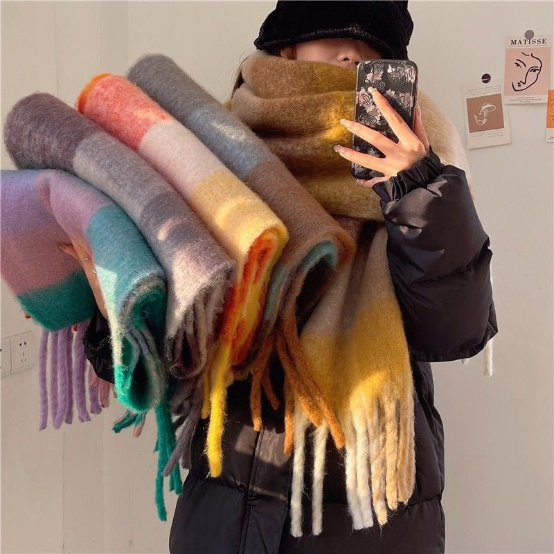 Women's Plaid Tassel Scarf - Rainbow Color-Blocking Shawl