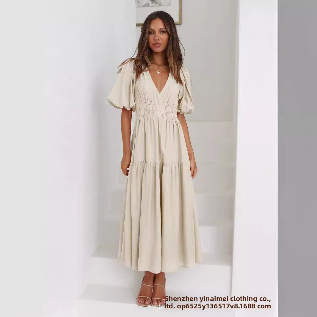 Deep V Puffed Sleeve Vacation Dress - Romantic Resort Style for Women