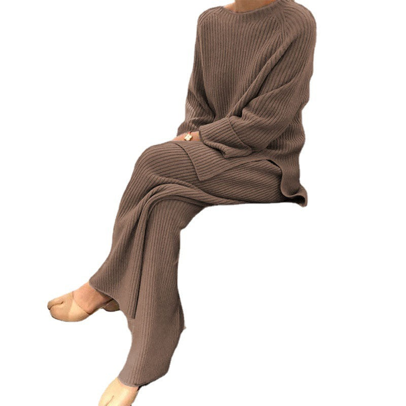Women's Knit Casual Two-Piece Set - Knitted Sweater and Pants Outfit