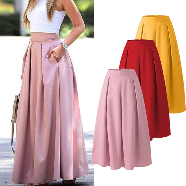 Women's High Waist Pleated Long Skirt - Elegant A-Line Design
