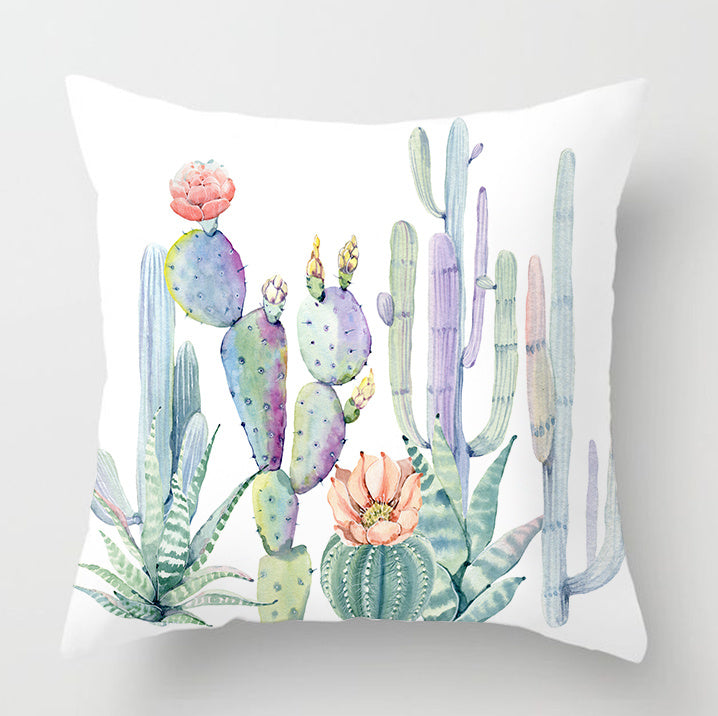 Watercolor Cactus Flowers Green Succulents Cushion Cover