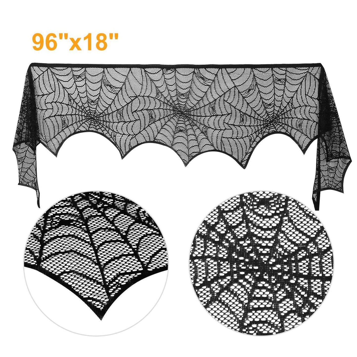 Halloween Black Lace Spiderweb Fireplace Mantle Scarf - 96 x 18 Inch