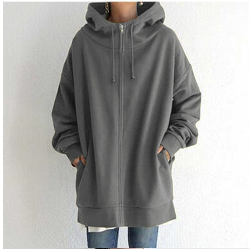 Women's Oversized Hooded Zip-Up Sweatshirt - Velvet-Lined Long Coat