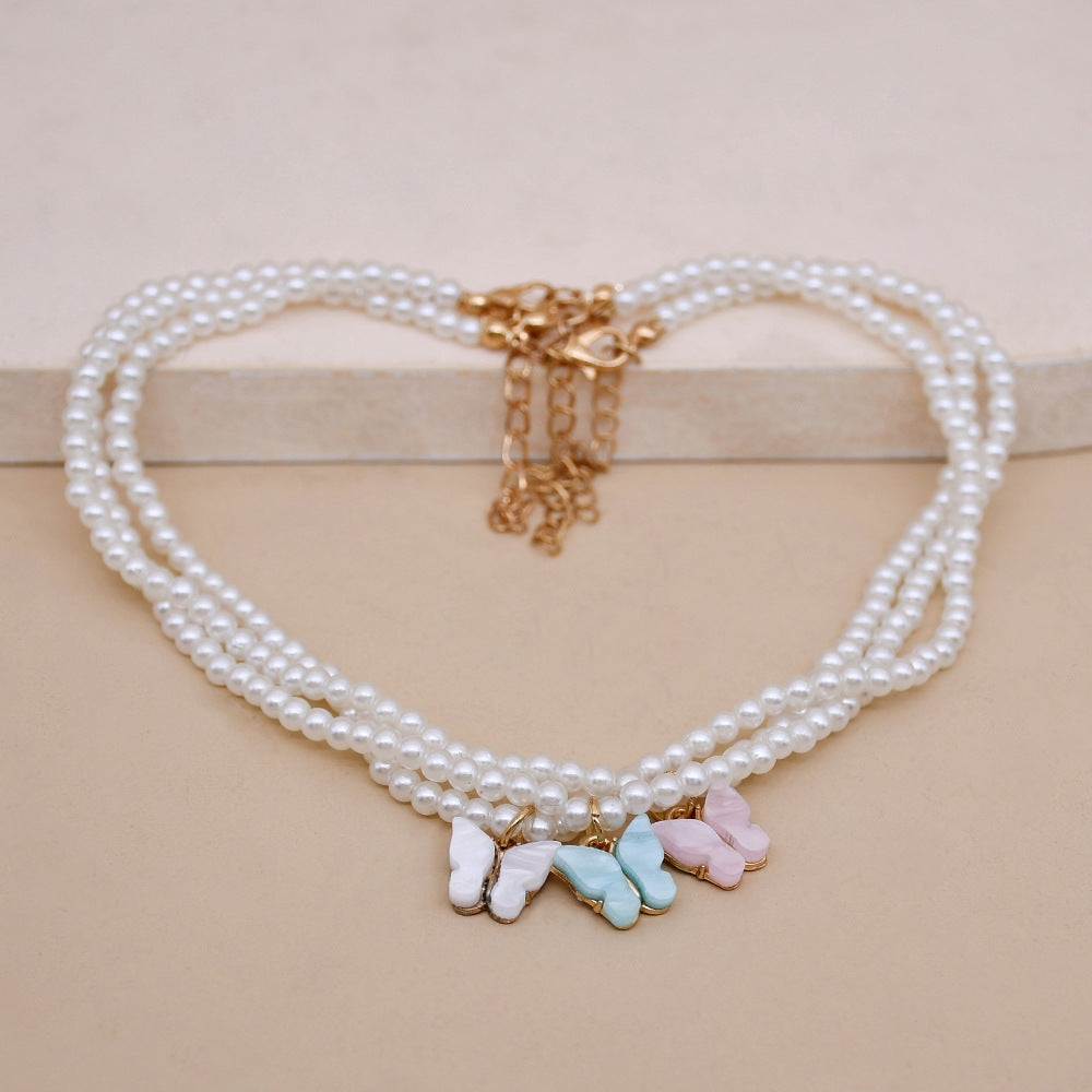 Elegant White Pearl Choker Necklace - Small Round Pearl Wedding Butterfly Necklace