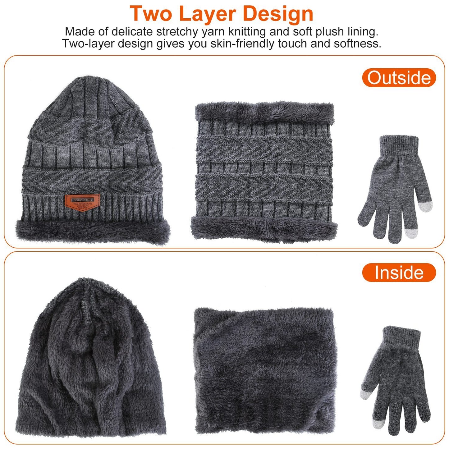 3-Piece Winter Accessories Set - Knitted Hat, Scarf & Touchscreen Gloves
