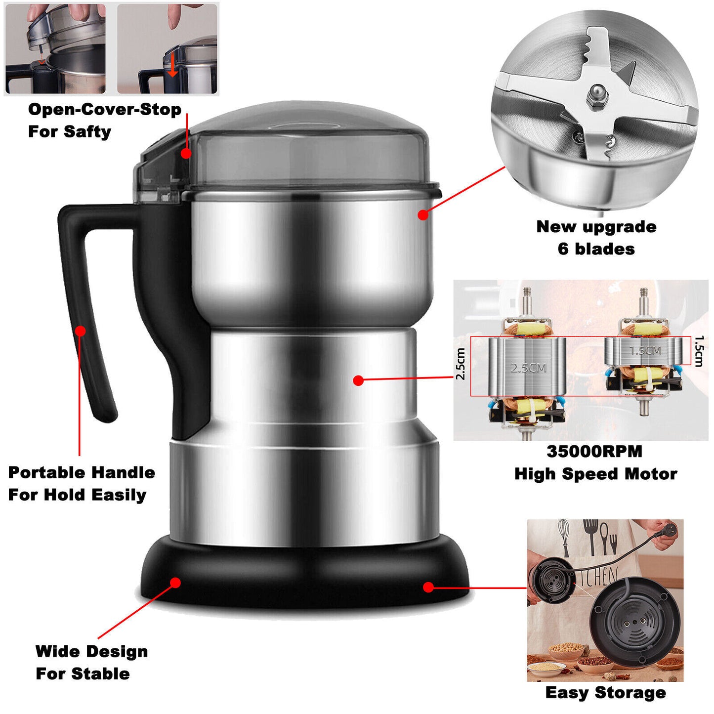 300W Electric Coffee Grinder - Powerful Bean, Nut & Spice Grinding Machine