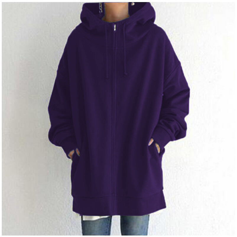 Women's Oversized Hooded Zip-Up Sweatshirt - Velvet-Lined Long Coat