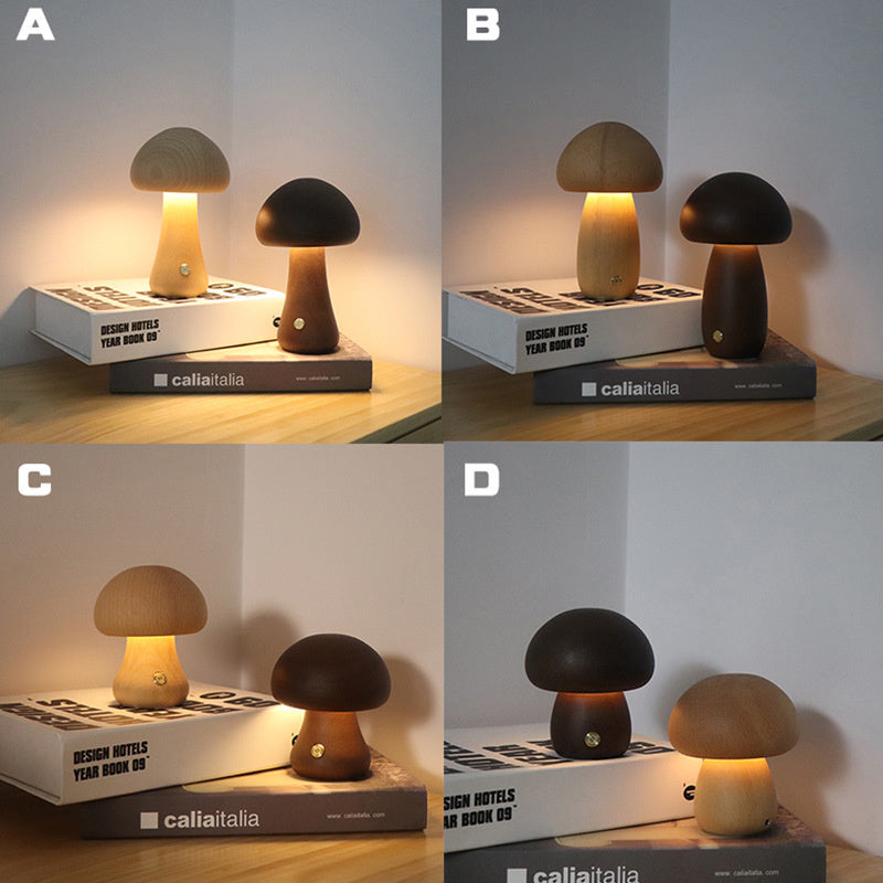 INS Wooden Cute Mushroom LED Night Light - Touch Switch Bedside Table Lamp for Bedroom