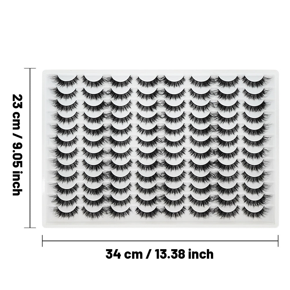 Tray of 3D false eyelashes in multiple layers, realistic look, soft and comfortable, arranged in rows.