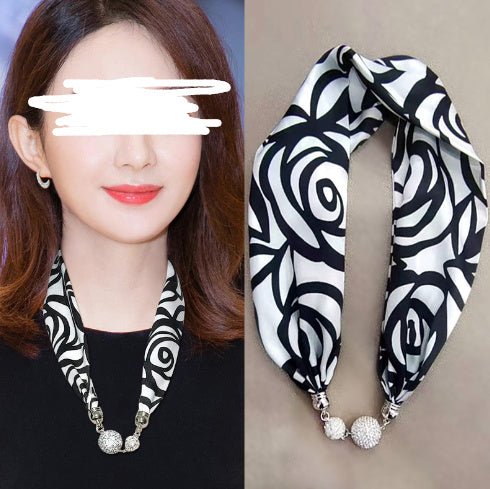 Magnetic Buckle Silk Scarf with Pearl Necklace - Women's Fashion Accessory